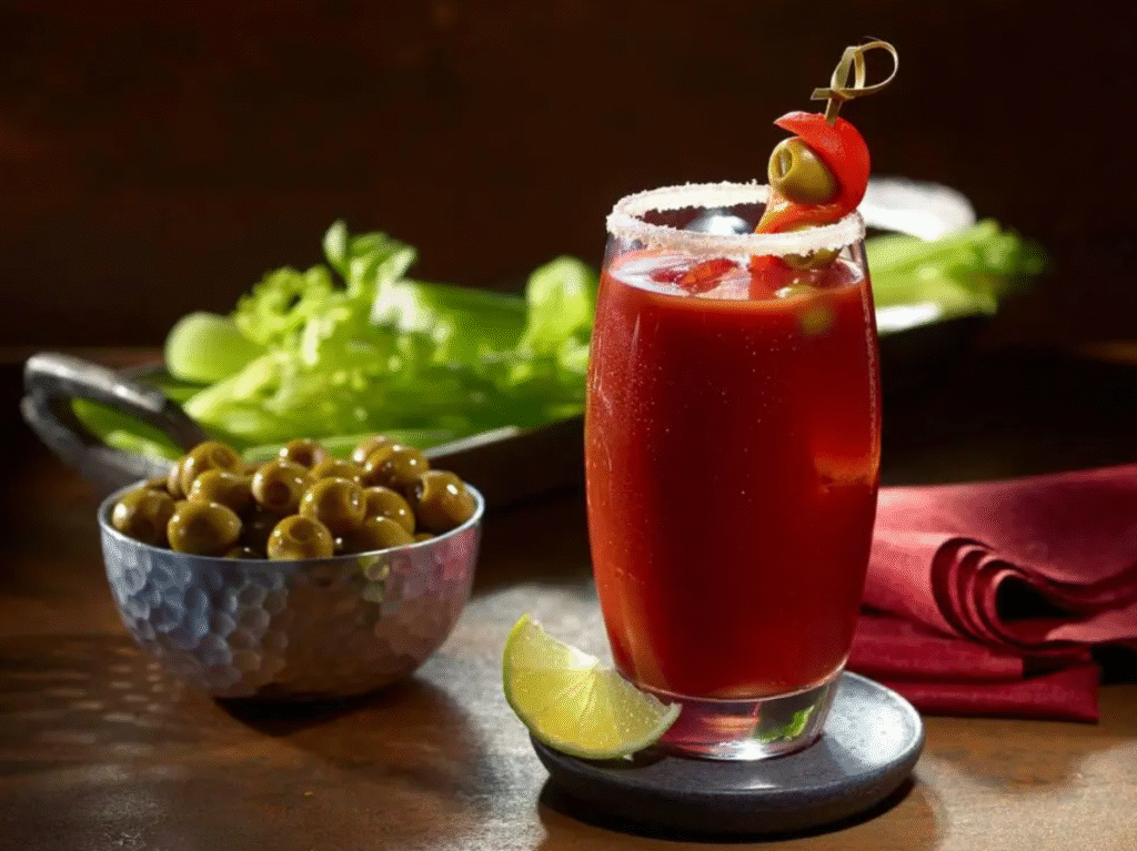 Em um copo alto, com canudo, há um líquido vermelho, o drink sem álcool bloody mary. Ao topo, há um palito com limão, picles e azeitona. 