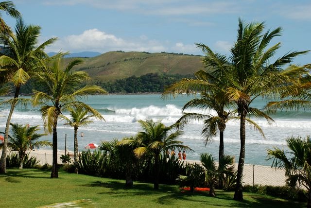 Praia de Maresias, no litoral norte de São Paulo. A paisagem é composta por uma área verde, com palmeiras e arbustos, seguida da areia e mar. 